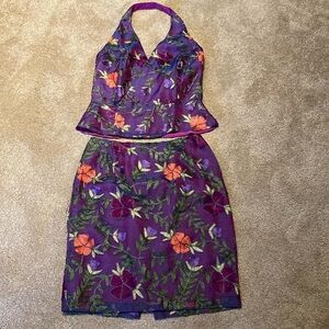 Finity Studio Silk Embroidered Skirt & Wrap Around Halter Neck Top Purple Sz 8